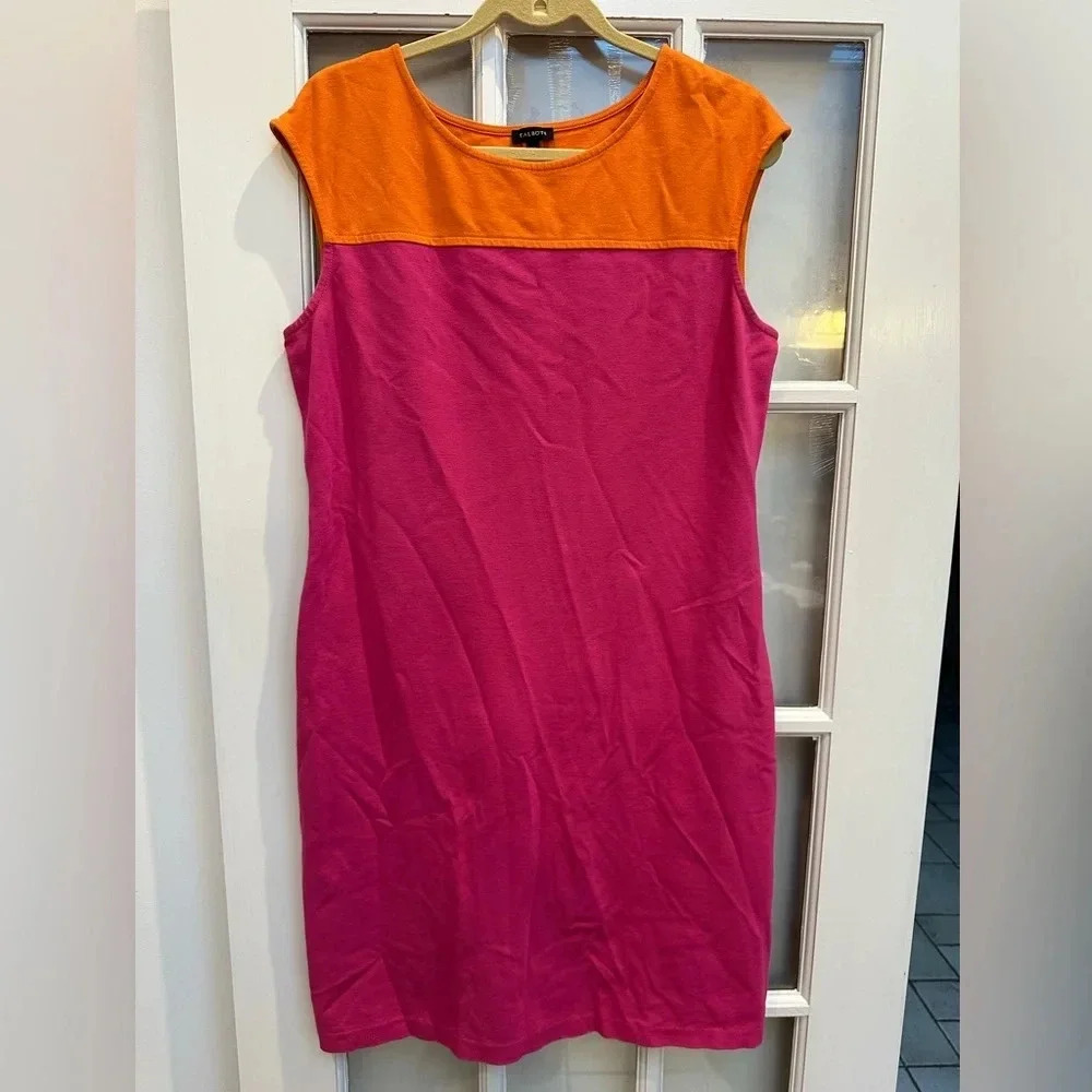 Talbots Midi Dress Orange & Pink Color Block Sleeveless Size 12 Stretchy Large